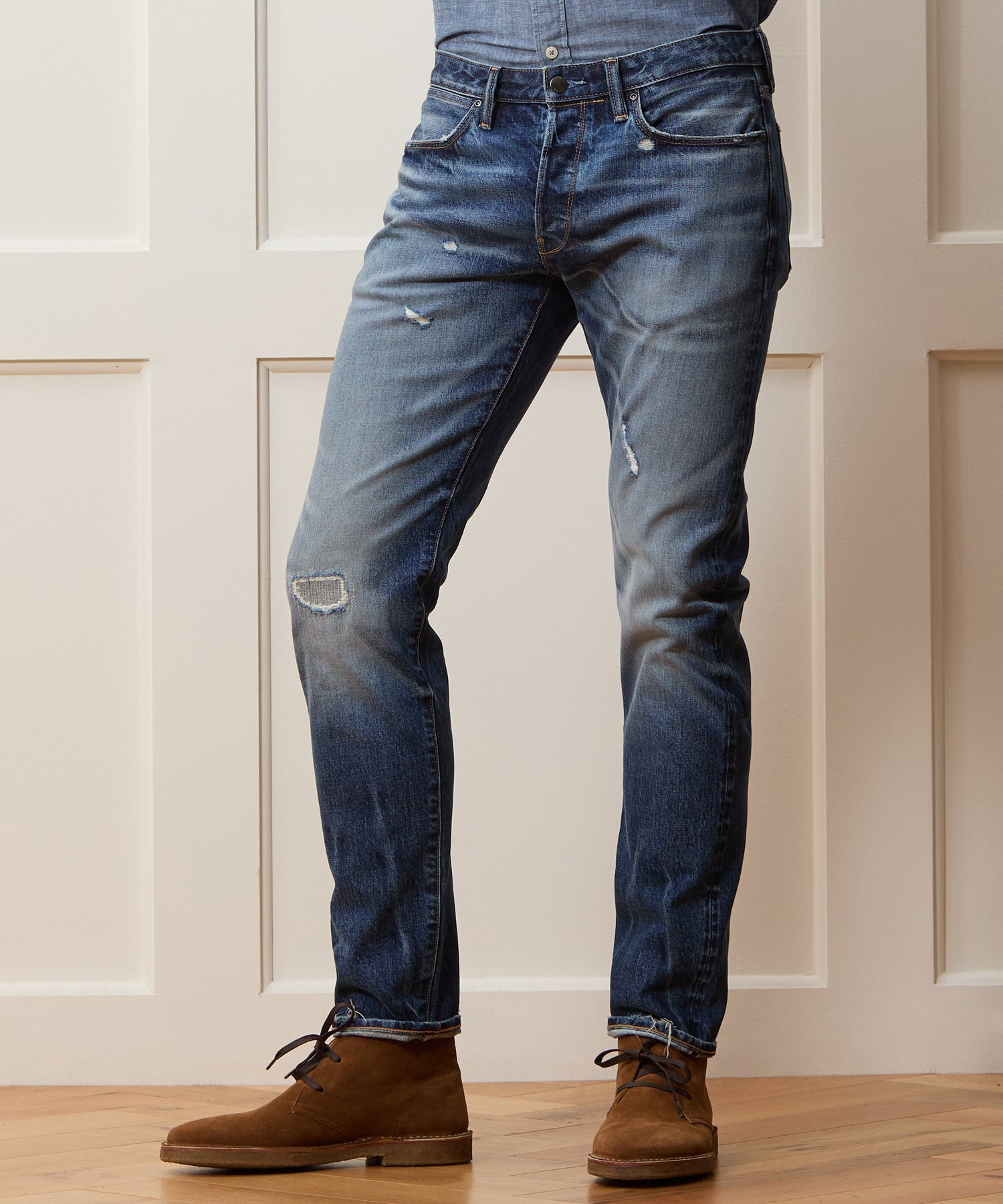 Slim Japanese Selvedge Stretch Jean in Distressed Wash