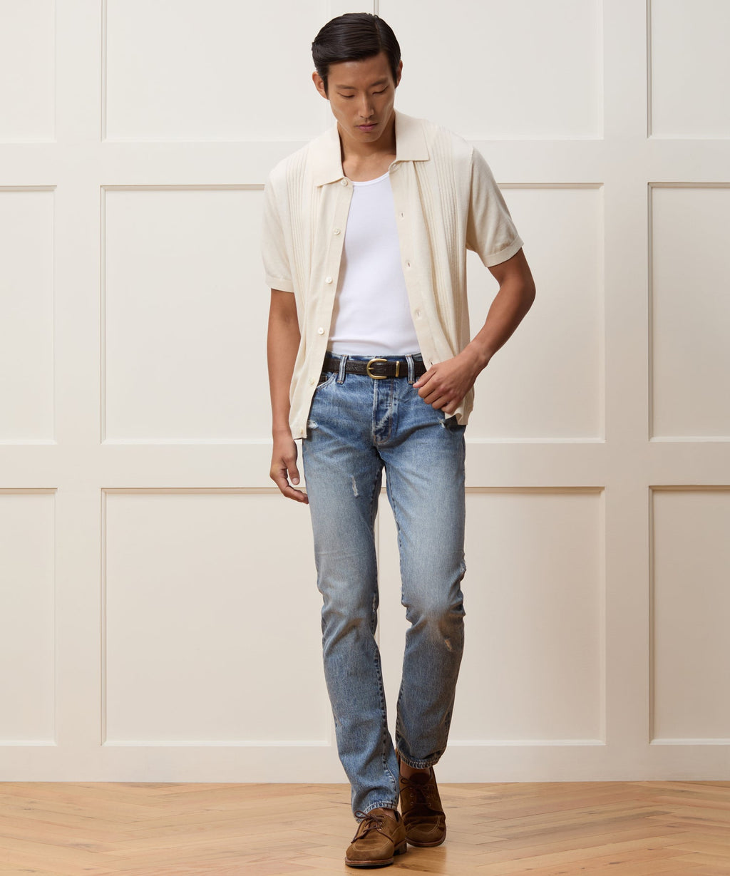 Silk-Cotton Ribbed Full-Placket Sweater Polo