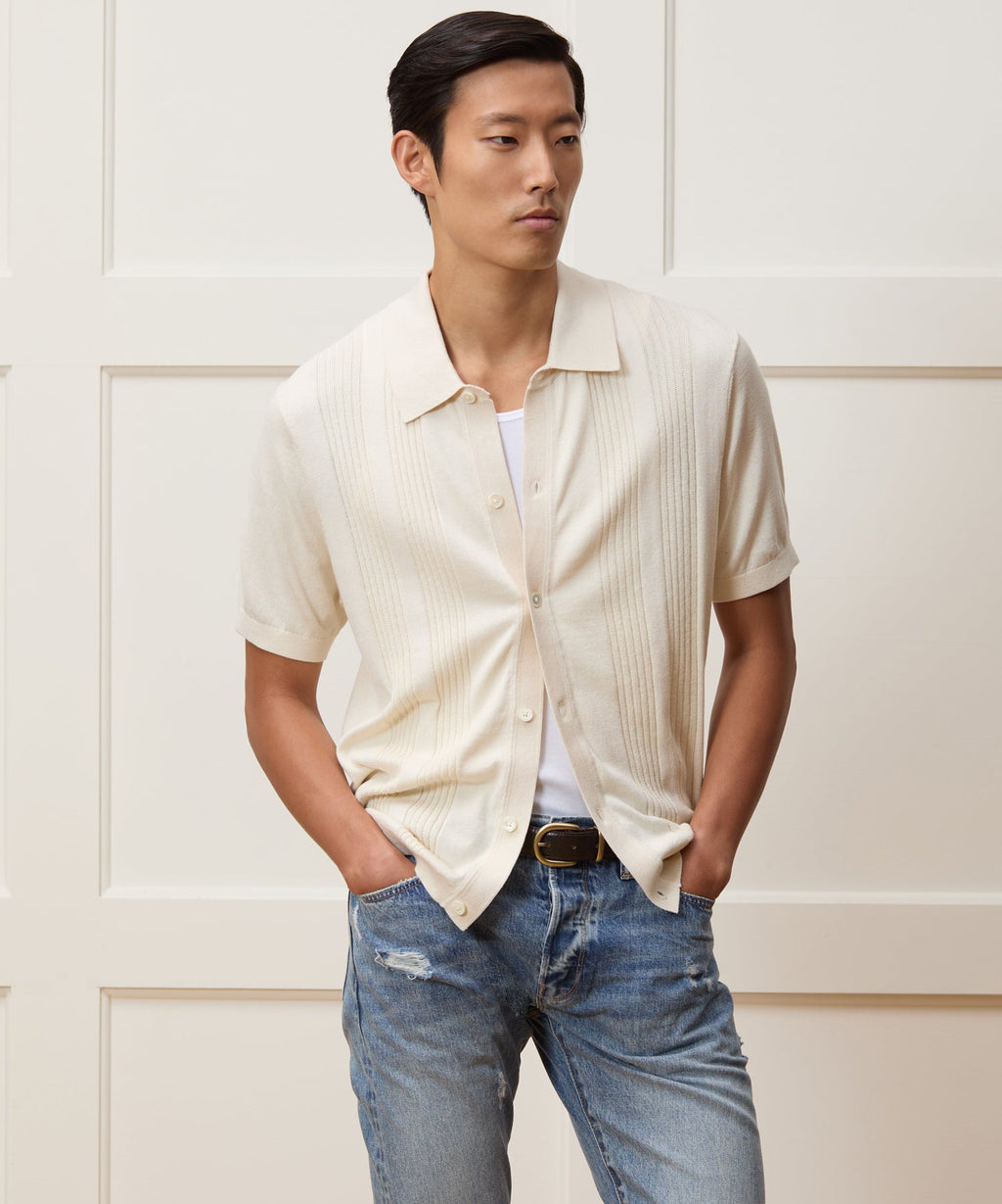 Silk-Cotton Ribbed Full-Placket Sweater Polo