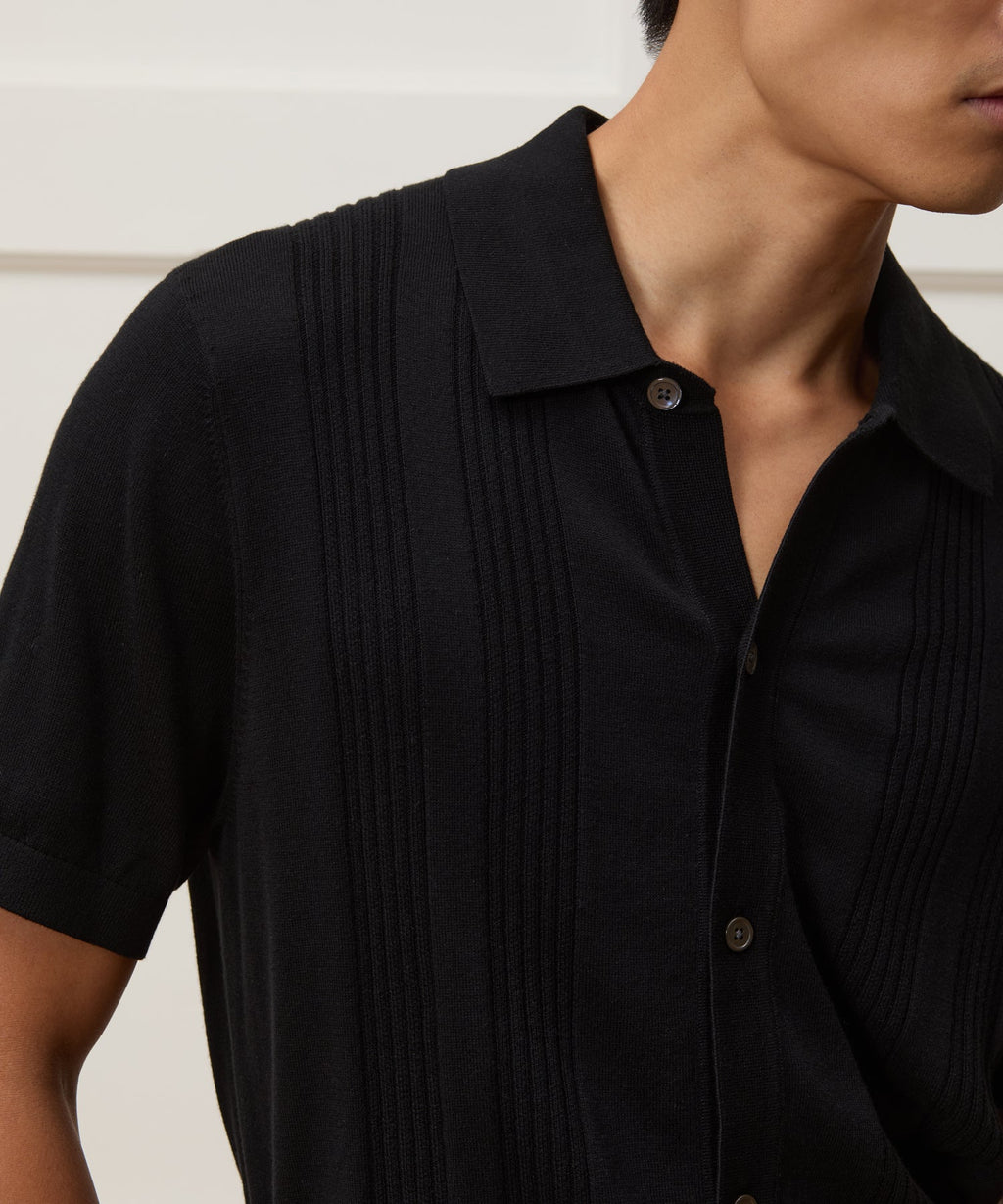 Silk-Cotton Ribbed Full-Placket Sweater Polo