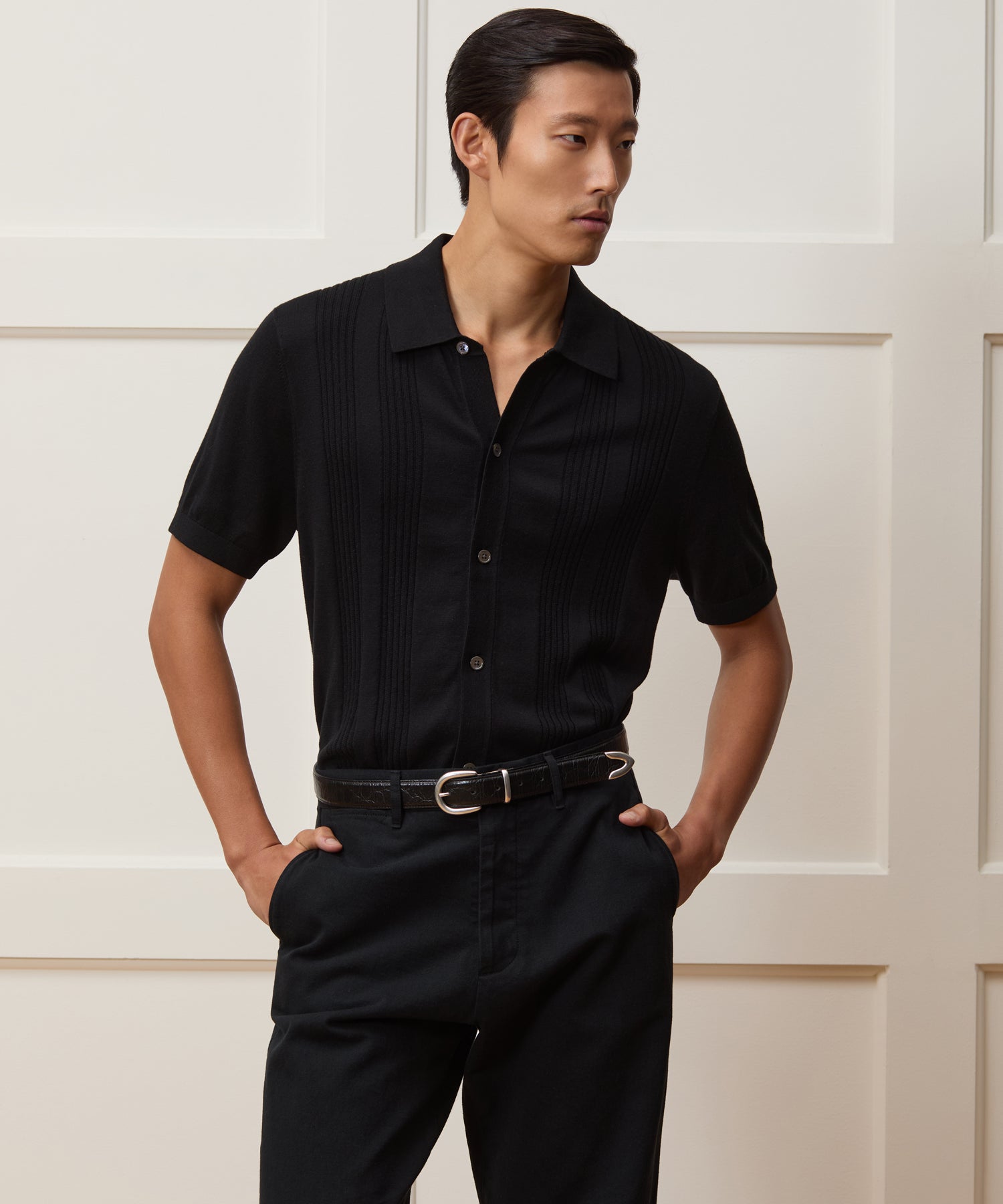 Silk-Cotton Ribbed Full-Placket Sweater Polo